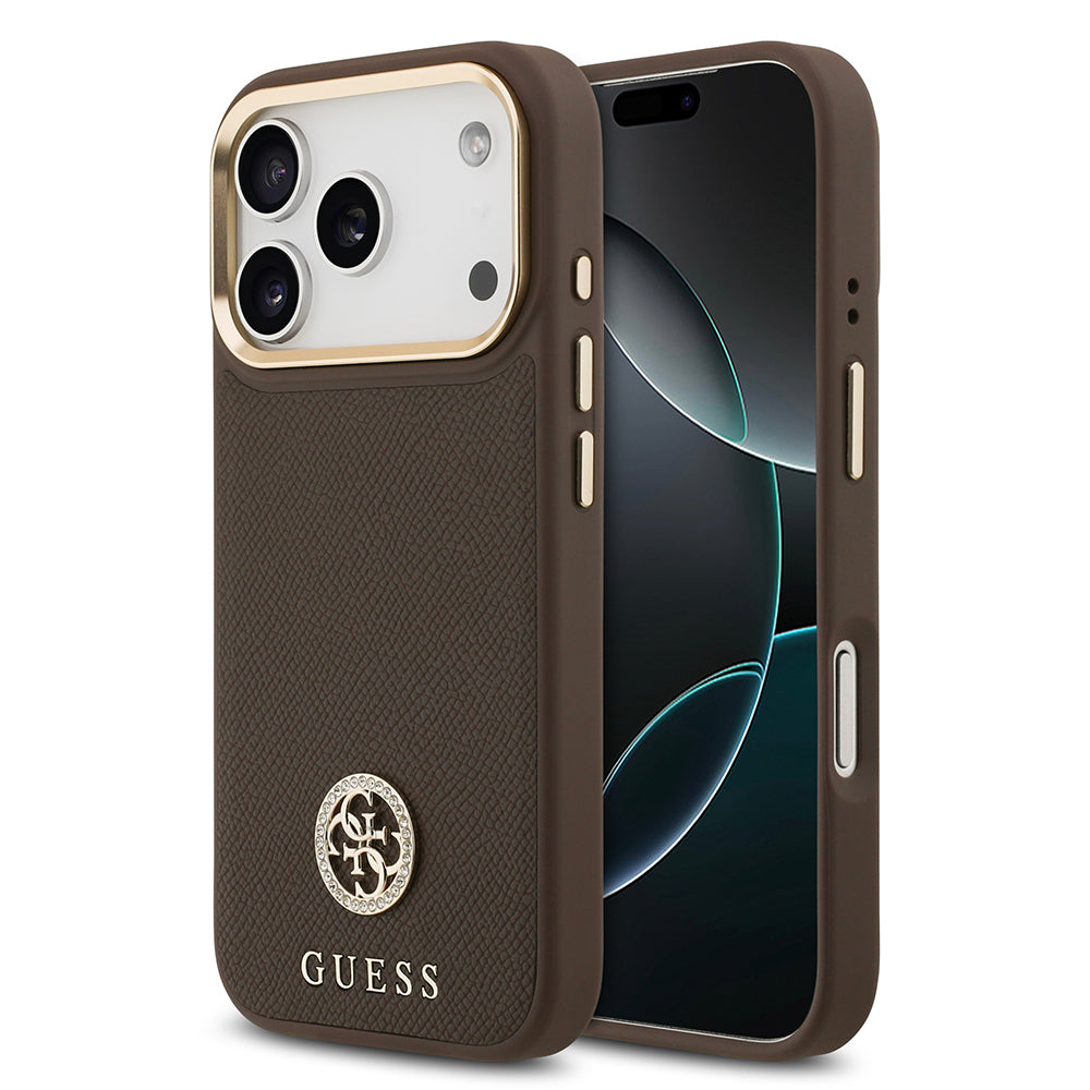 Apple iPhone 17 Pro Kılıf Guess M-safe Özellikli Grained Yazı ve Taşlı 4G Logolu Kapak Kahverengi