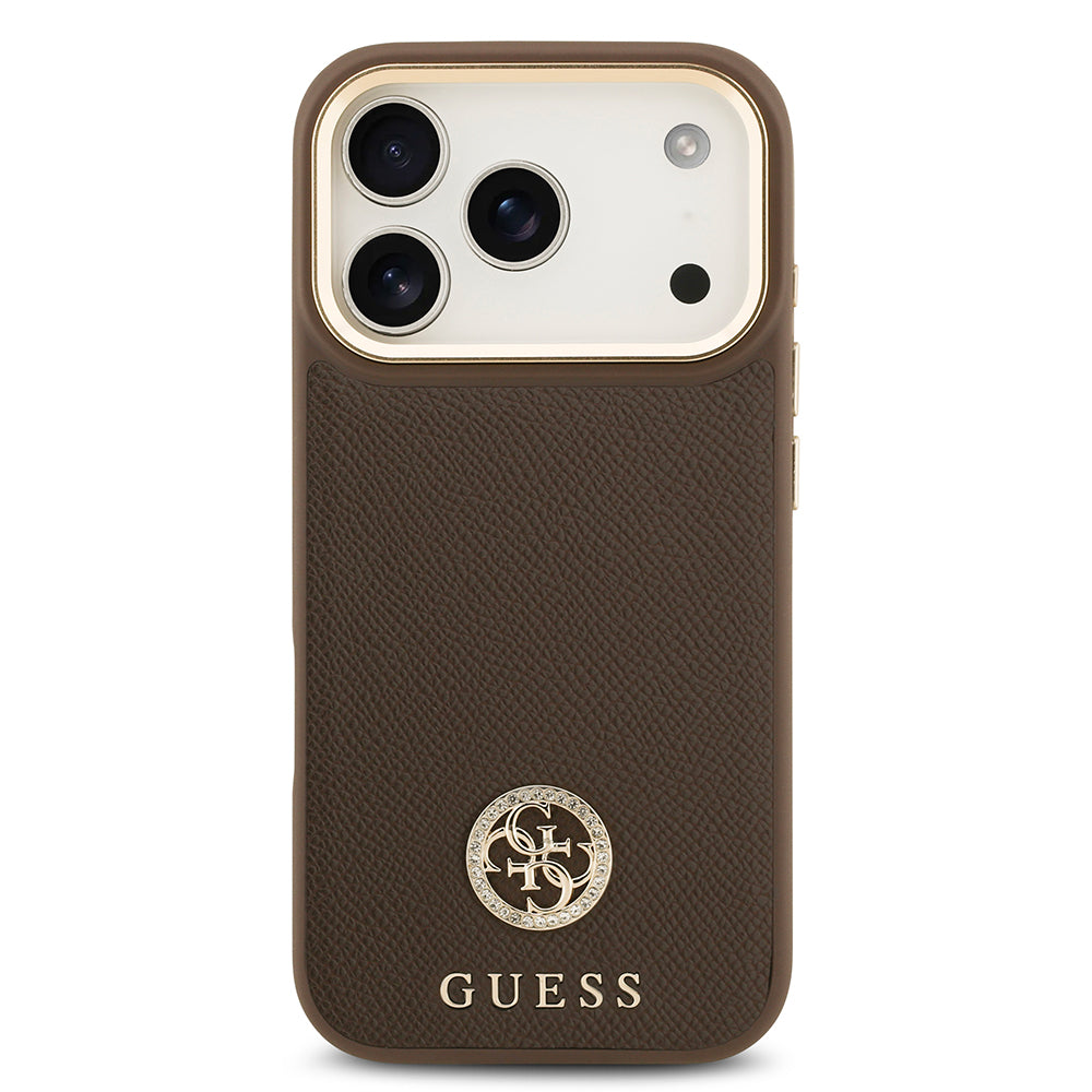 Apple iPhone 17 Pro Kılıf Guess M-safe Özellikli Grained Yazı ve Taşlı 4G Logolu Kapak Kahverengi