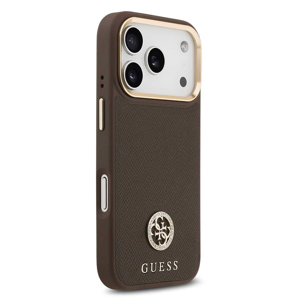 Apple iPhone 17 Pro Kılıf Guess M-safe Özellikli Grained Yazı ve Taşlı 4G Logolu Kapak Kahverengi