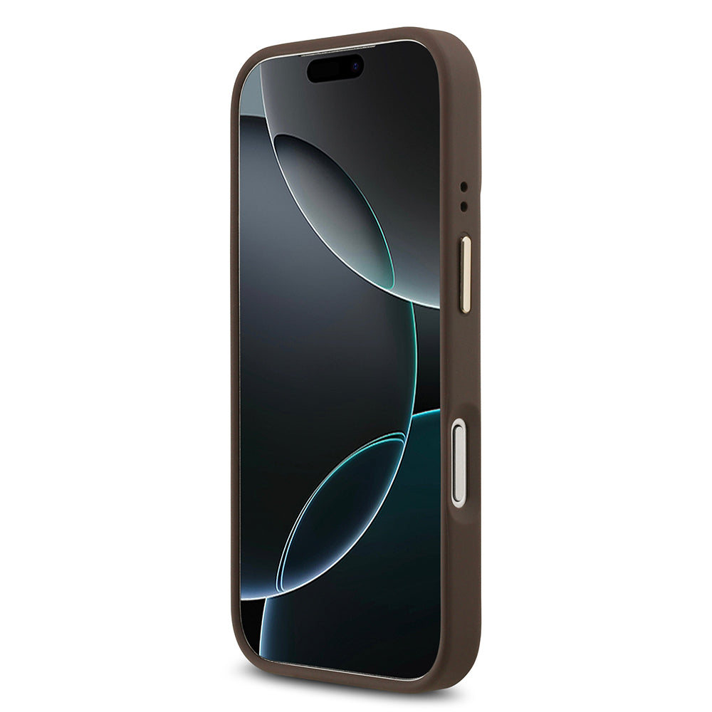 Apple iPhone 17 Pro Kılıf Guess M-safe Özellikli Grained Yazı ve Taşlı 4G Logolu Kapak Kahverengi