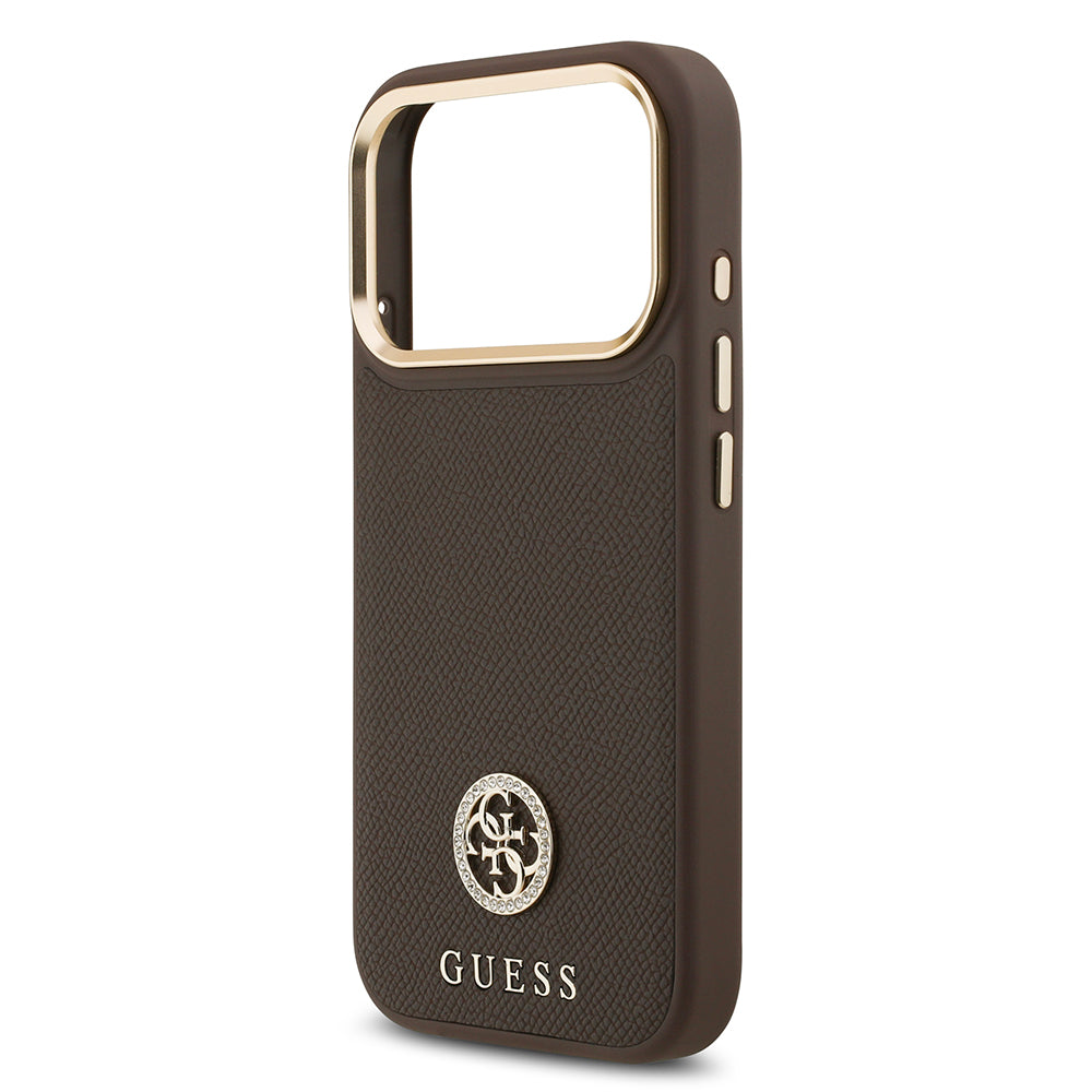 Apple iPhone 17 Pro Kılıf Guess M-safe Özellikli Grained Yazı ve Taşlı 4G Logolu Kapak Kahverengi