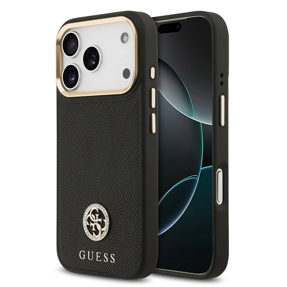 Apple iPhone 17 Pro Kılıf Guess M-safe Özellikli Grained Yazı ve Taşlı 4G Logolu Kapak Siyah