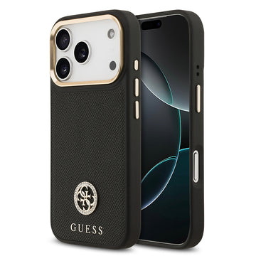 Apple iPhone 17 Pro Kılıf Guess M-safe Özellikli Grained Yazı ve Taşlı 4G Logolu Kapak Siyah