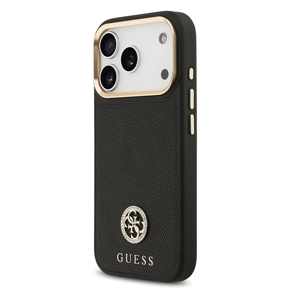 Apple iPhone 17 Pro Kılıf Guess M-safe Özellikli Grained Yazı ve Taşlı 4G Logolu Kapak Siyah