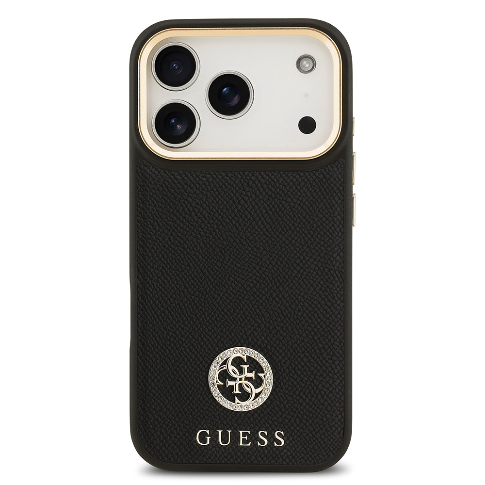 Apple iPhone 17 Pro Kılıf Guess M-safe Özellikli Grained Yazı ve Taşlı 4G Logolu Kapak Siyah