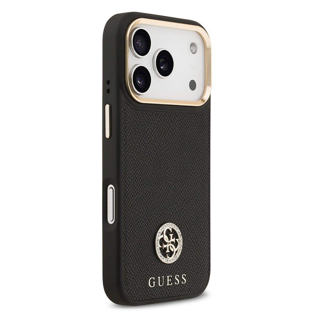 Apple iPhone 17 Pro Kılıf Guess M-safe Özellikli Grained Yazı ve Taşlı 4G Logolu Kapak Siyah