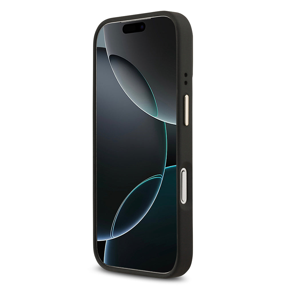 Apple iPhone 17 Pro Kılıf Guess M-safe Özellikli Grained Yazı ve Taşlı 4G Logolu Kapak Siyah