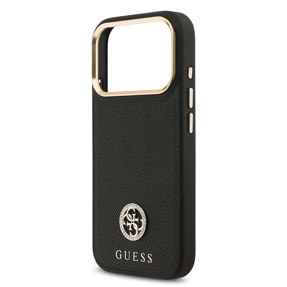 Apple iPhone 17 Pro Kılıf Guess M-safe Özellikli Grained Yazı ve Taşlı 4G Logolu Kapak Siyah