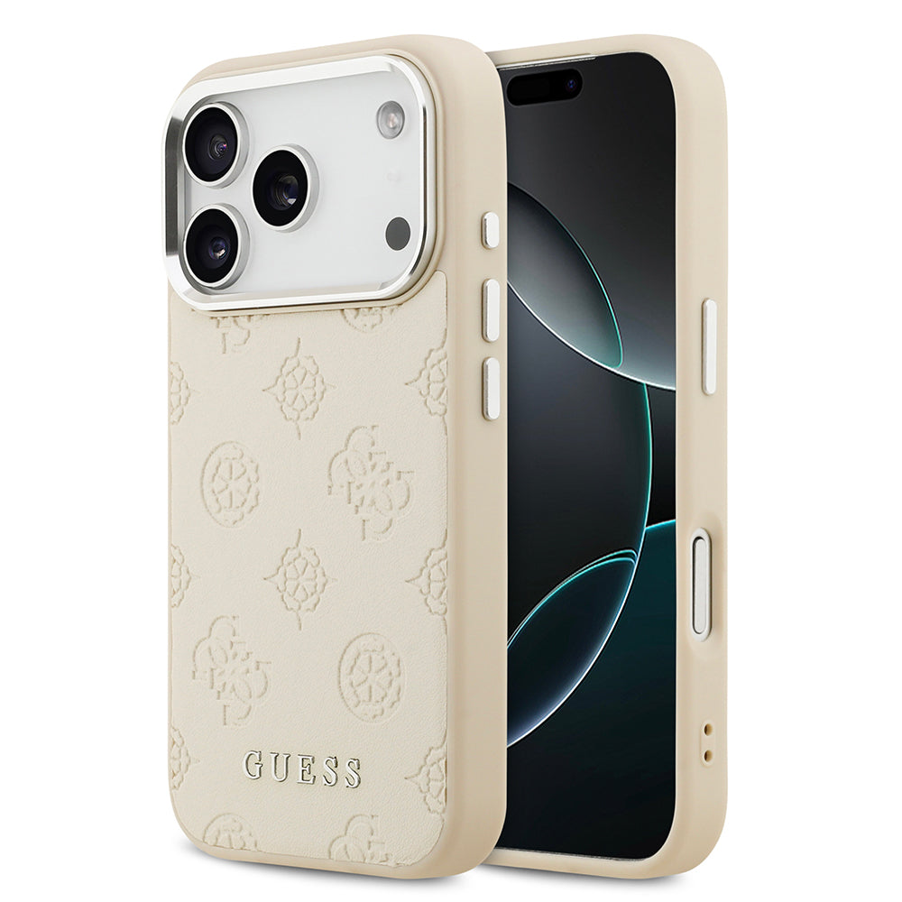 Apple iPhone 17 Pro Kılıf Guess M-safe Özellikli Sıcak Baskılı Klasik Logolu PU Peony Kapak Bej