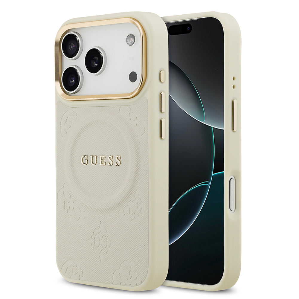 Apple iPhone 17 Pro Kılıf Guess M-safe Özellikli Yazı Logolu PU Deri Peony Kapak Bej
