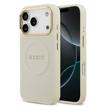 Apple iPhone 17 Pro Kılıf Guess M-safe Özellikli Yazı Logolu PU Deri Peony Kapak Bej