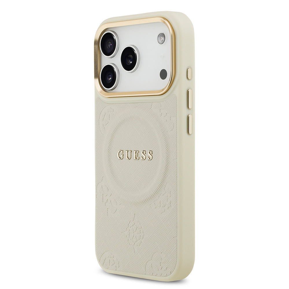 Apple iPhone 17 Pro Kılıf Guess M-safe Özellikli Yazı Logolu PU Deri Peony Kapak Bej