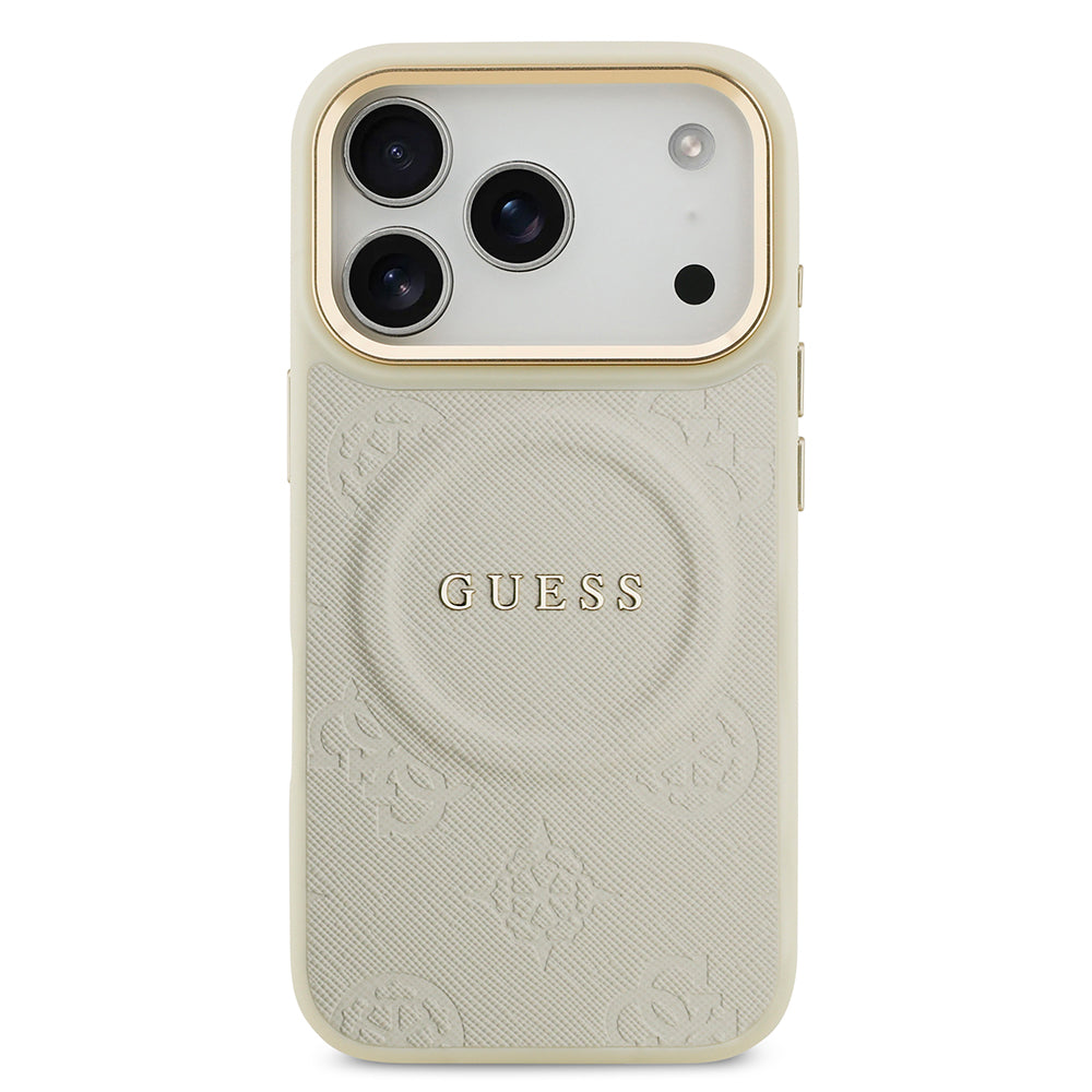 Apple iPhone 17 Pro Kılıf Guess M-safe Özellikli Yazı Logolu PU Deri Peony Kapak Bej