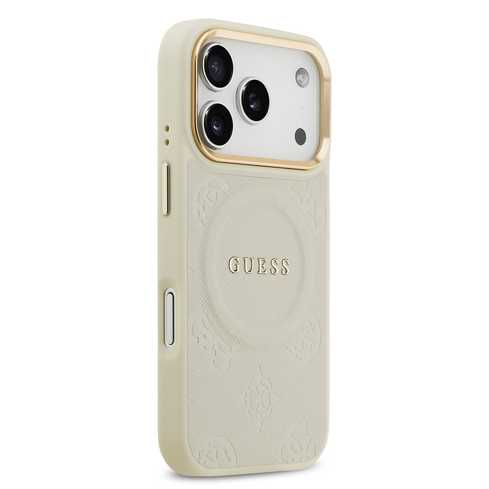 Apple iPhone 17 Pro Kılıf Guess M-safe Özellikli Yazı Logolu PU Deri Peony Kapak Bej