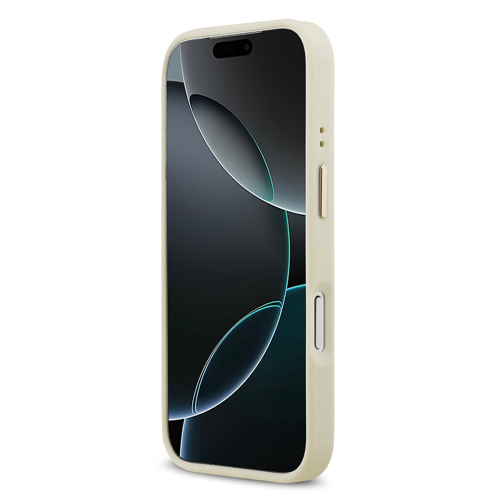 Apple iPhone 17 Pro Kılıf Guess M-safe Özellikli Yazı Logolu PU Deri Peony Kapak Bej
