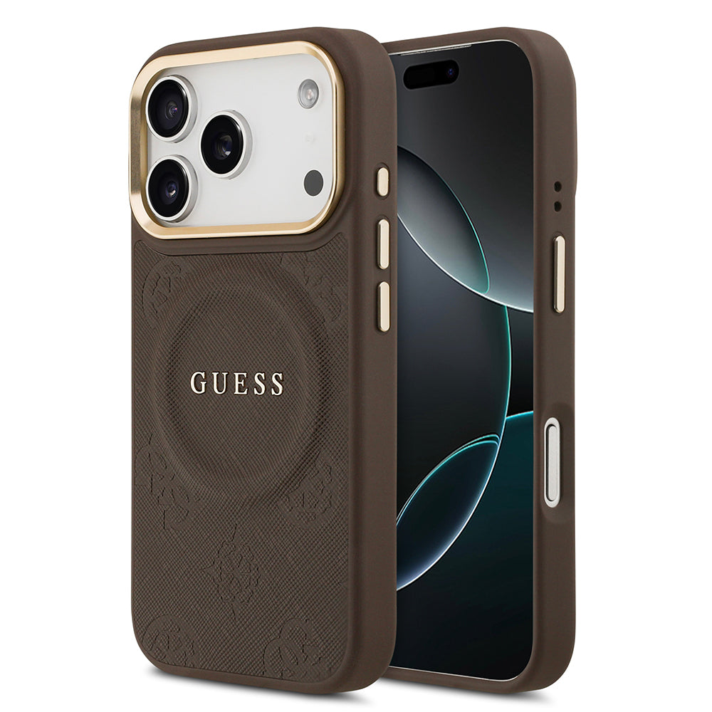 Apple iPhone 17 Pro Kılıf Guess M-safe Özellikli Yazı Logolu PU Deri Peony Kapak Kahverengi