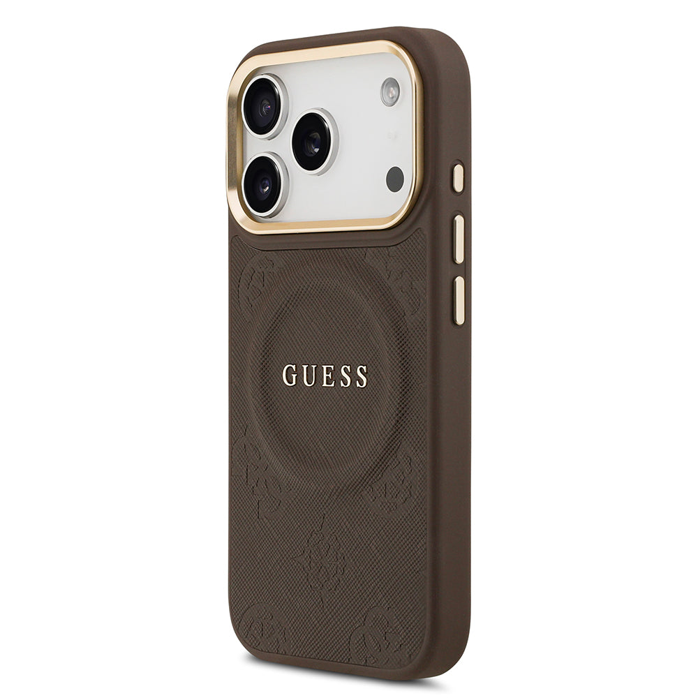 Apple iPhone 17 Pro Kılıf Guess M-safe Özellikli Yazı Logolu PU Deri Peony Kapak Kahverengi