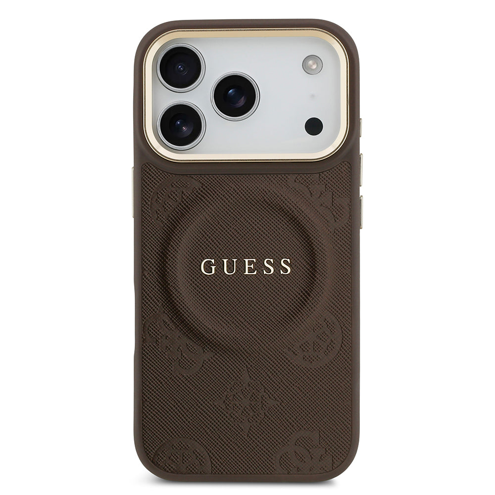 Apple iPhone 17 Pro Kılıf Guess M-safe Özellikli Yazı Logolu PU Deri Peony Kapak Kahverengi