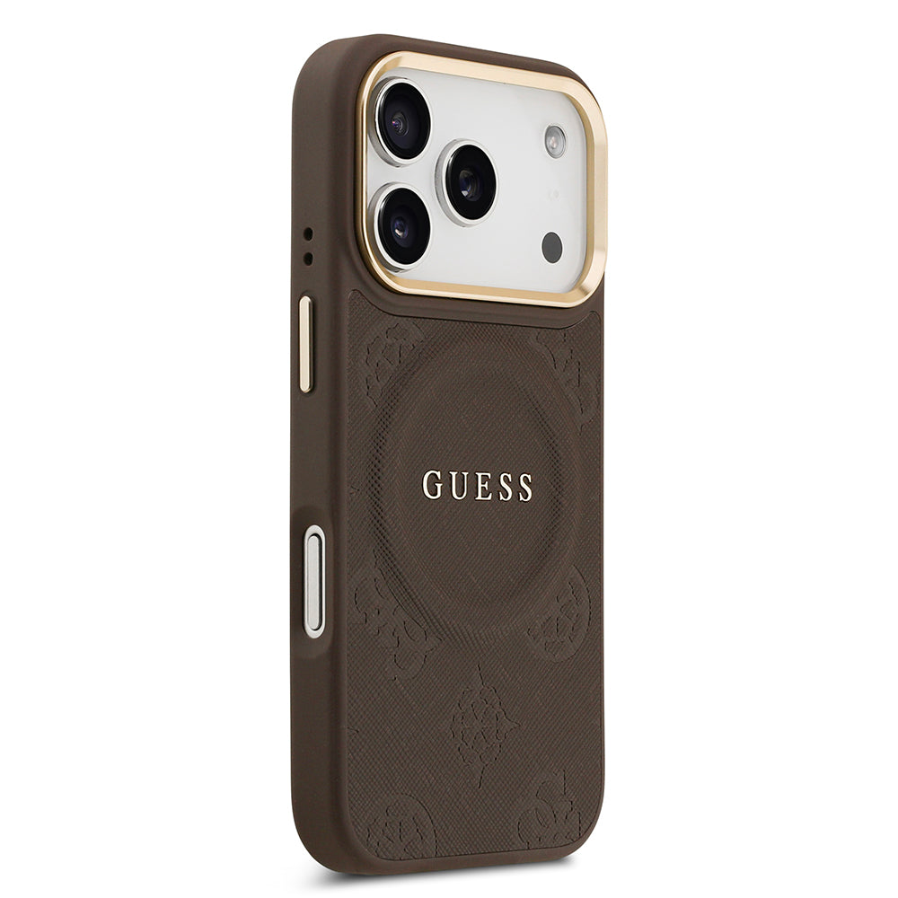 Apple iPhone 17 Pro Kılıf Guess M-safe Özellikli Yazı Logolu PU Deri Peony Kapak Kahverengi