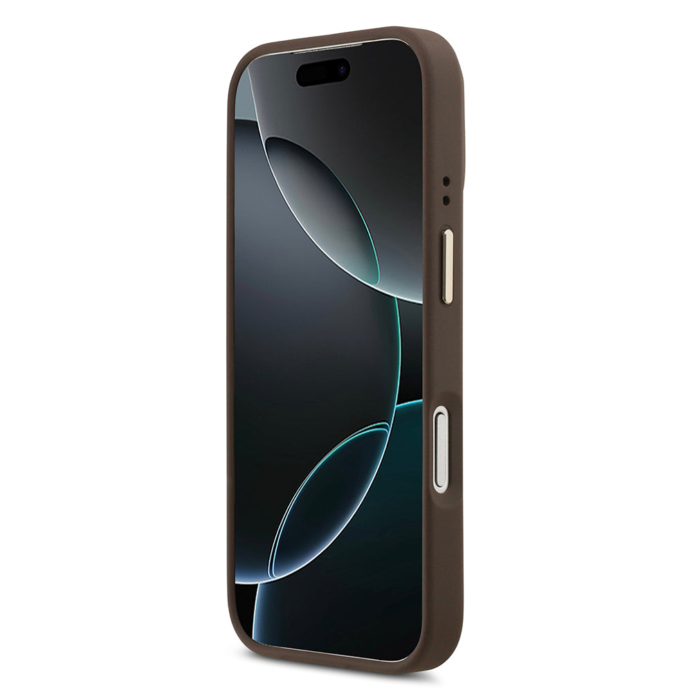 Apple iPhone 17 Pro Kılıf Guess M-safe Özellikli Yazı Logolu PU Deri Peony Kapak Kahverengi