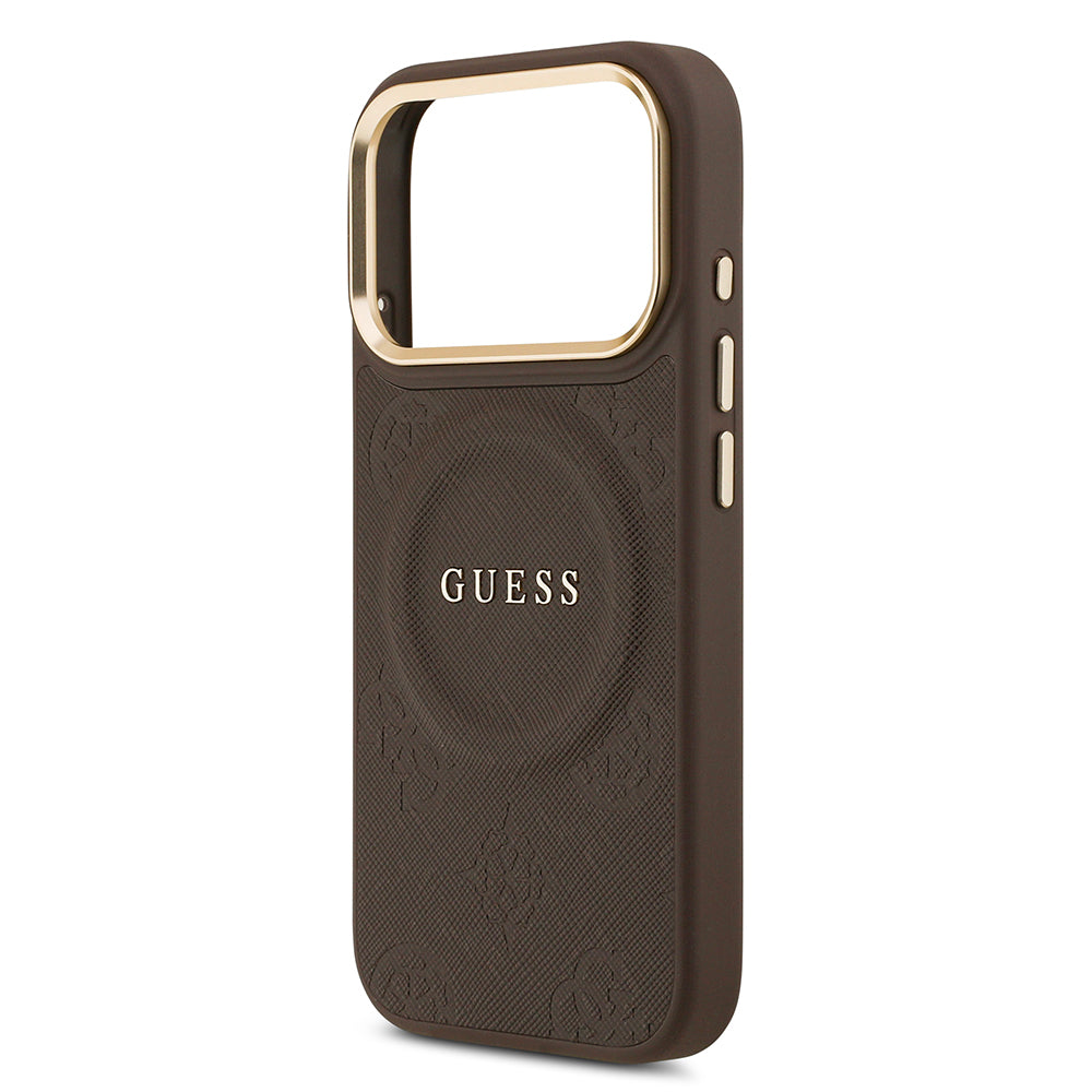 Apple iPhone 17 Pro Kılıf Guess M-safe Özellikli Yazı Logolu PU Deri Peony Kapak Kahverengi