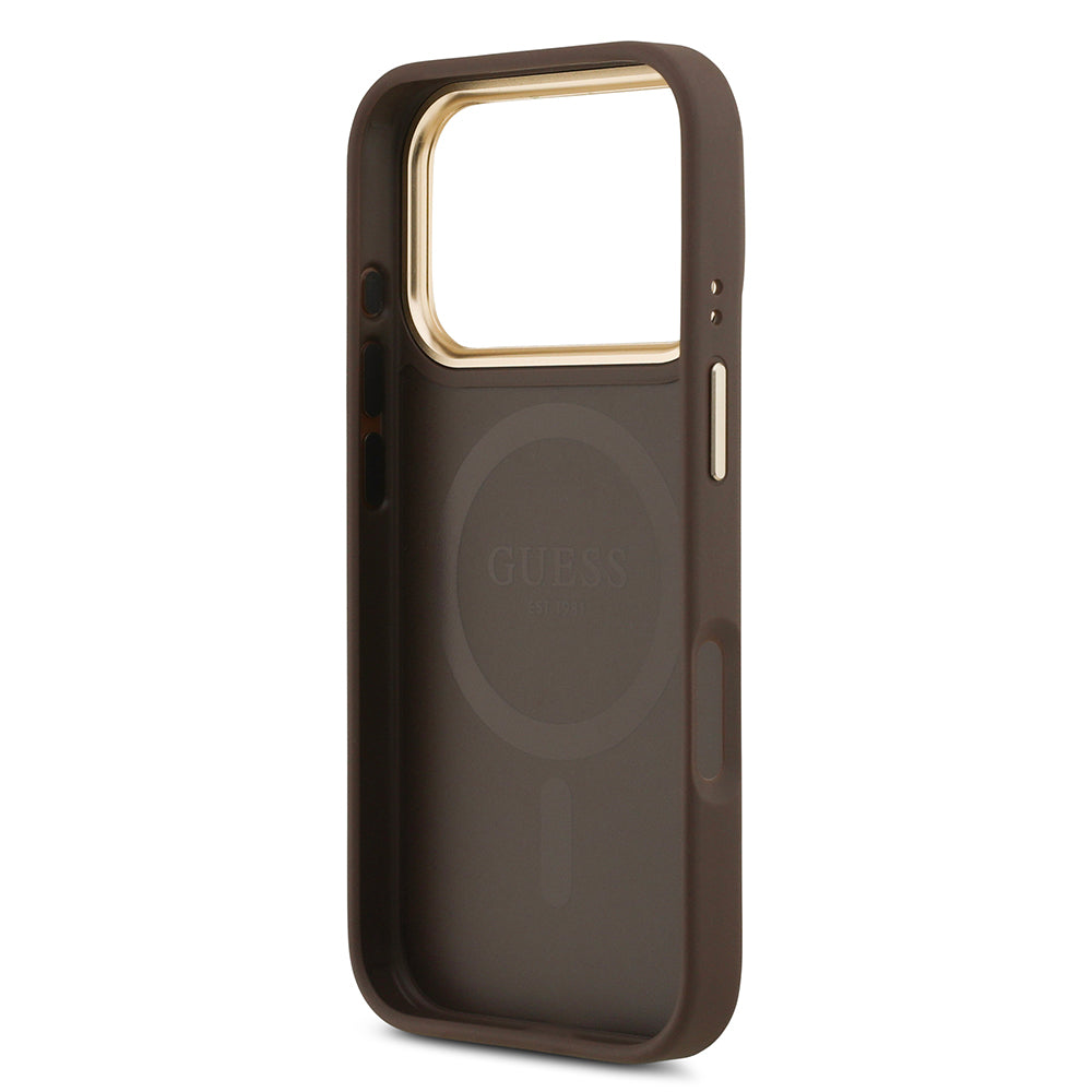 Apple iPhone 17 Pro Kılıf Guess M-safe Özellikli Yazı Logolu PU Deri Peony Kapak Kahverengi