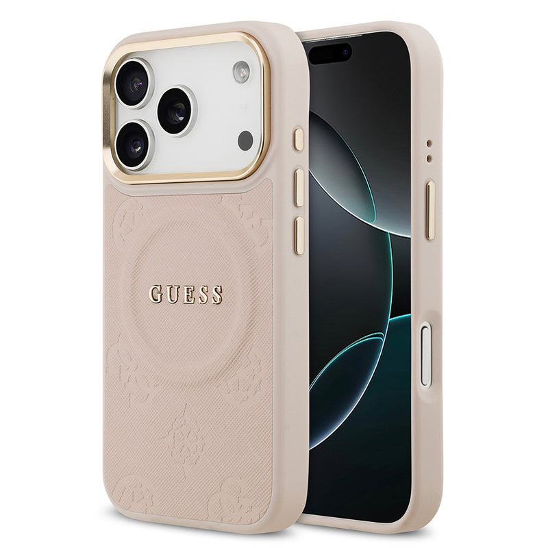 Apple iPhone 17 Pro Kılıf Guess M-safe Özellikli Yazı Logolu PU Deri Peony Kapak Pembe