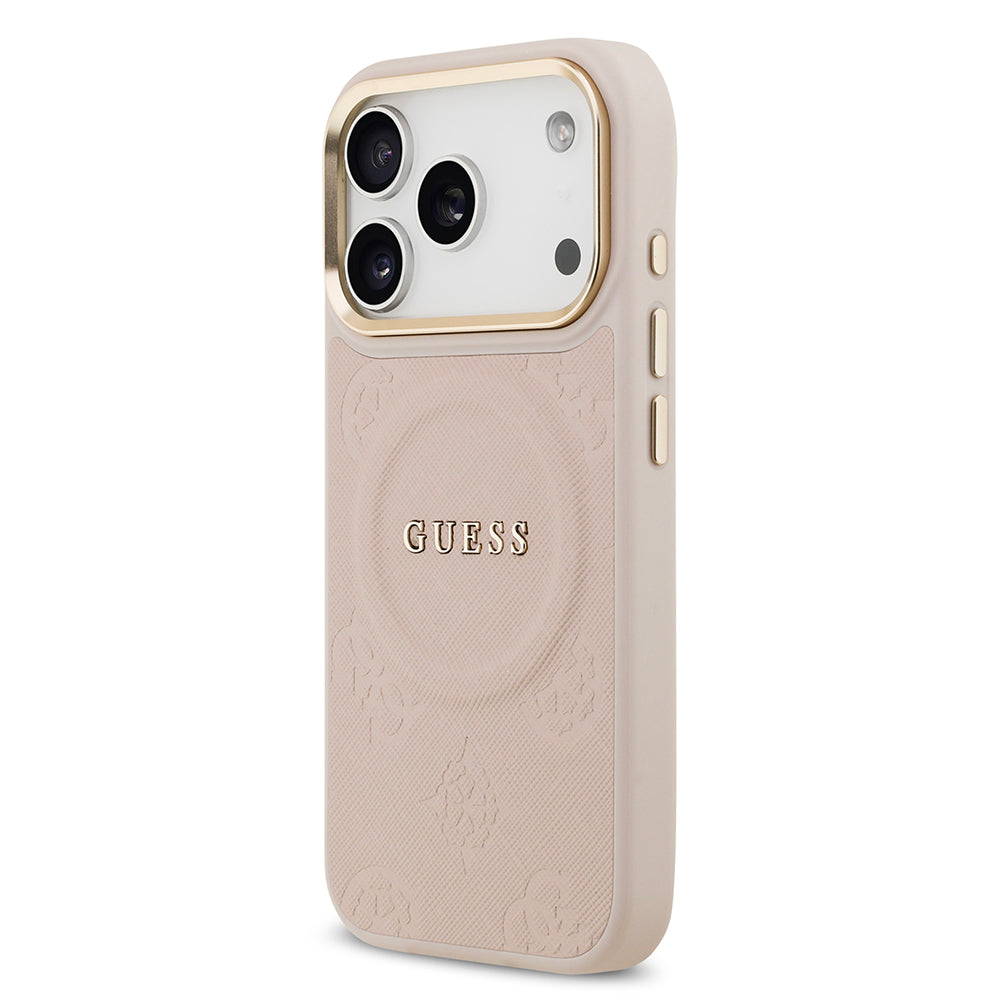 Apple iPhone 17 Pro Kılıf Guess M-safe Özellikli Yazı Logolu PU Deri Peony Kapak Pembe