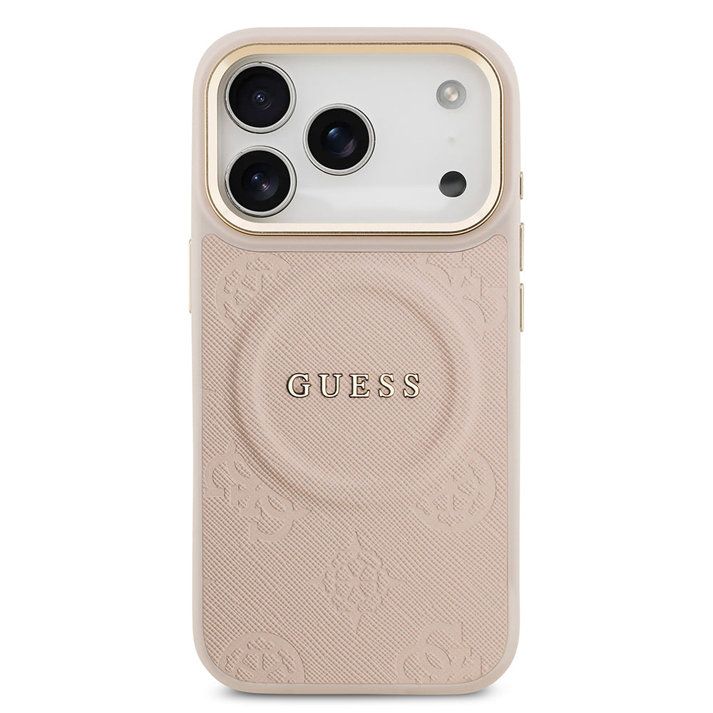Apple iPhone 17 Pro Kılıf Guess M-safe Özellikli Yazı Logolu PU Deri Peony Kapak Pembe