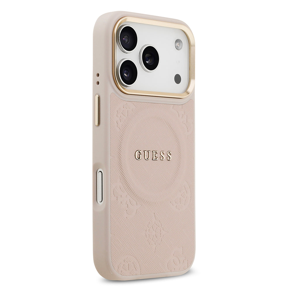 Apple iPhone 17 Pro Kılıf Guess M-safe Özellikli Yazı Logolu PU Deri Peony Kapak Pembe