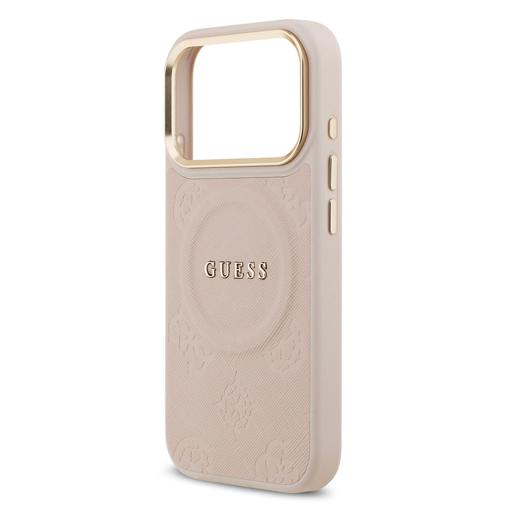 Apple iPhone 17 Pro Kılıf Guess M-safe Özellikli Yazı Logolu PU Deri Peony Kapak Pembe