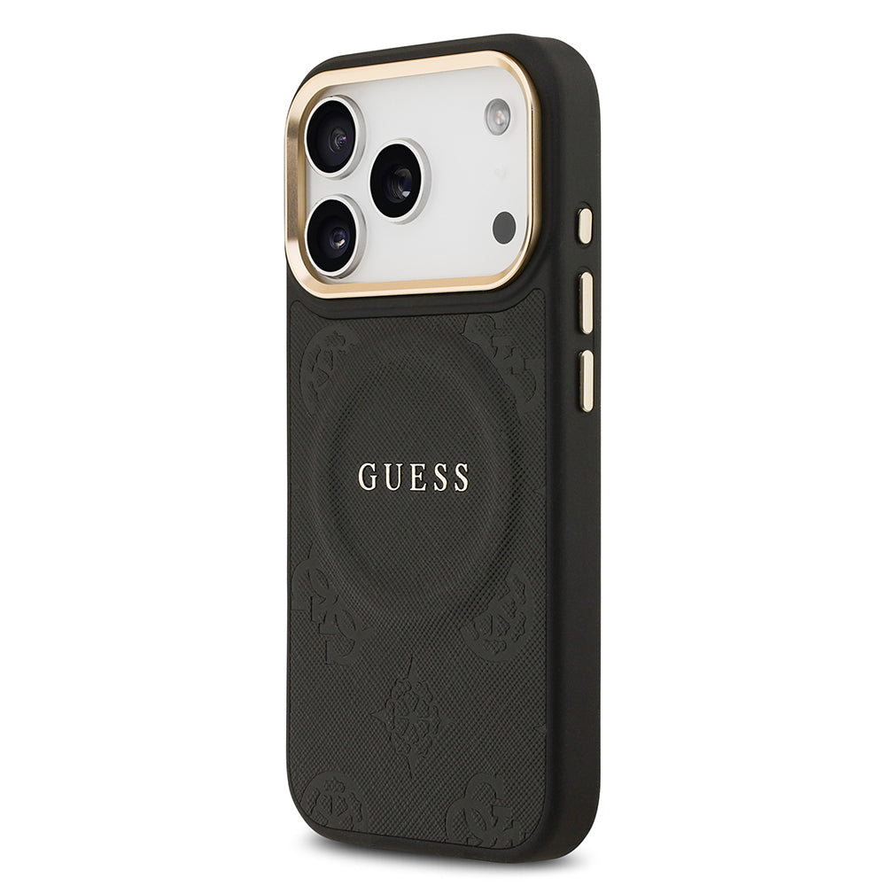 Apple iPhone 17 Pro Kılıf Guess M-safe Özellikli Yazı Logolu PU Deri Peony Kapak Siyah