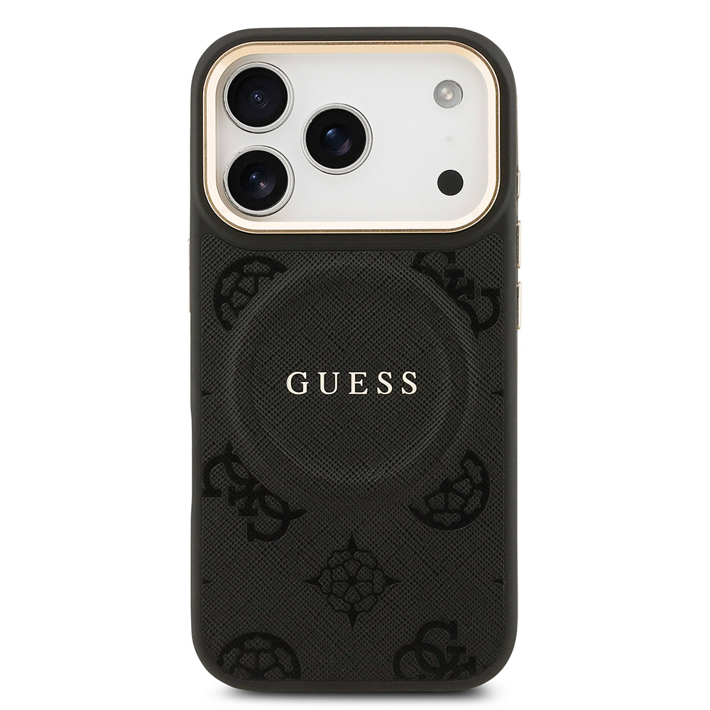 Apple iPhone 17 Pro Kılıf Guess M-safe Özellikli Yazı Logolu PU Deri Peony Kapak Siyah