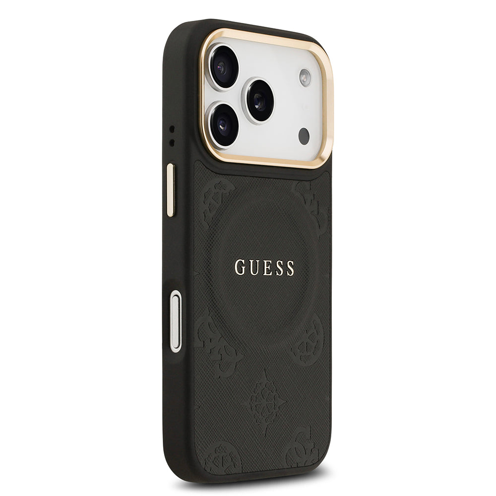 Apple iPhone 17 Pro Kılıf Guess M-safe Özellikli Yazı Logolu PU Deri Peony Kapak Siyah