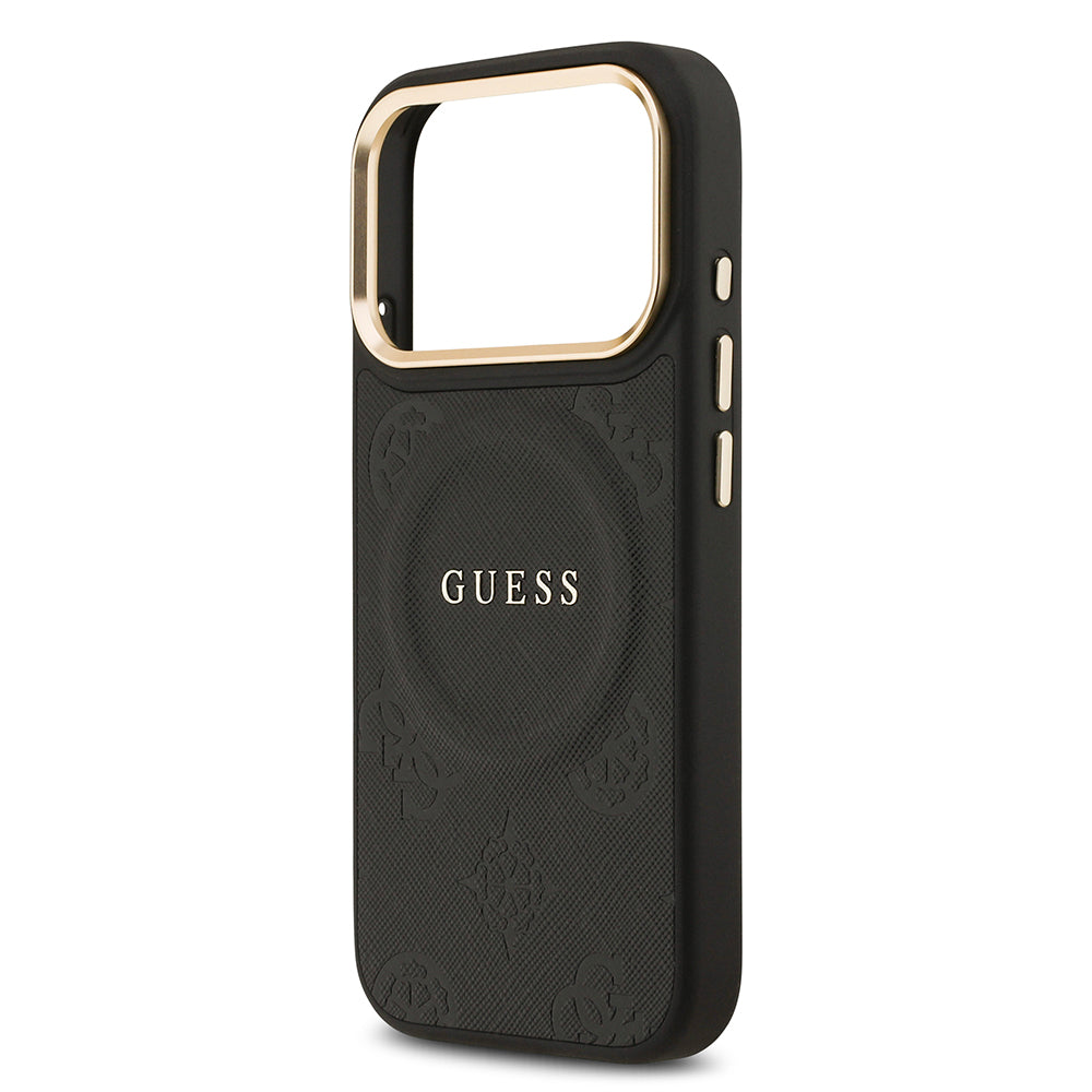 Apple iPhone 17 Pro Kılıf Guess M-safe Özellikli Yazı Logolu PU Deri Peony Kapak Siyah