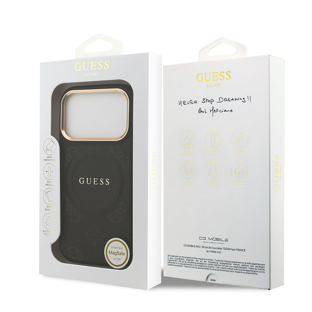 Apple iPhone 17 Pro Kılıf Guess M-safe Özellikli Yazı Logolu PU Deri Peony Kapak Siyah