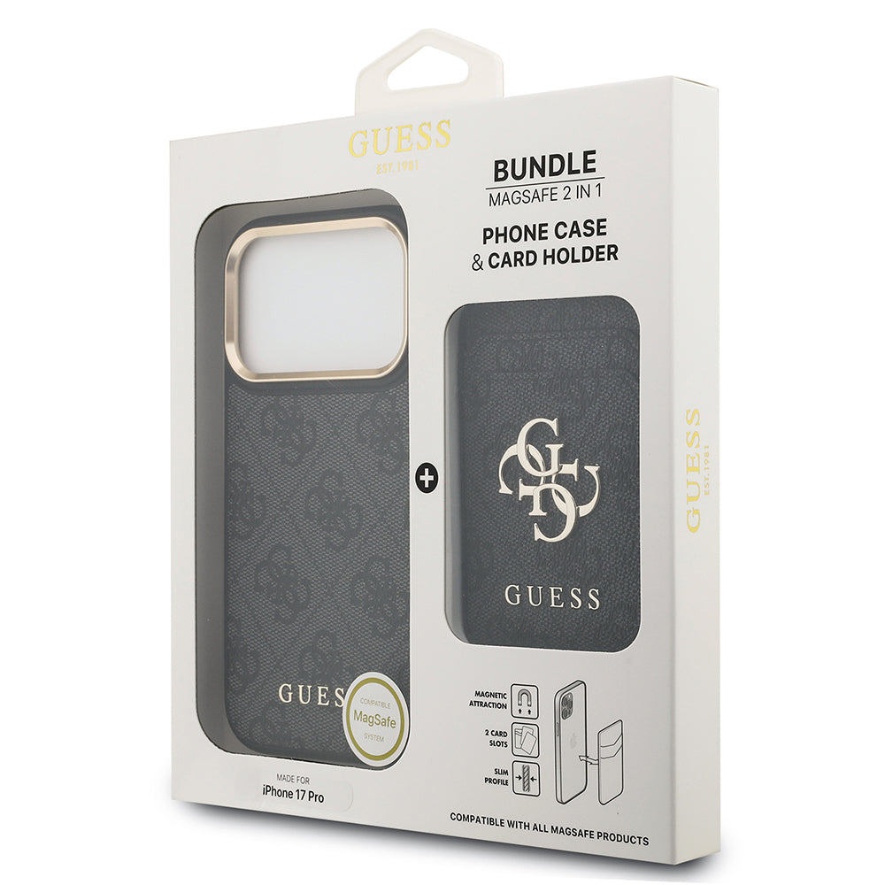 Apple iPhone 17 Pro Kılıf Guess M-safe Şarj Özellikli 2in1 4G Metal Büyük Logolu Kartlıklı Kapak Siyah