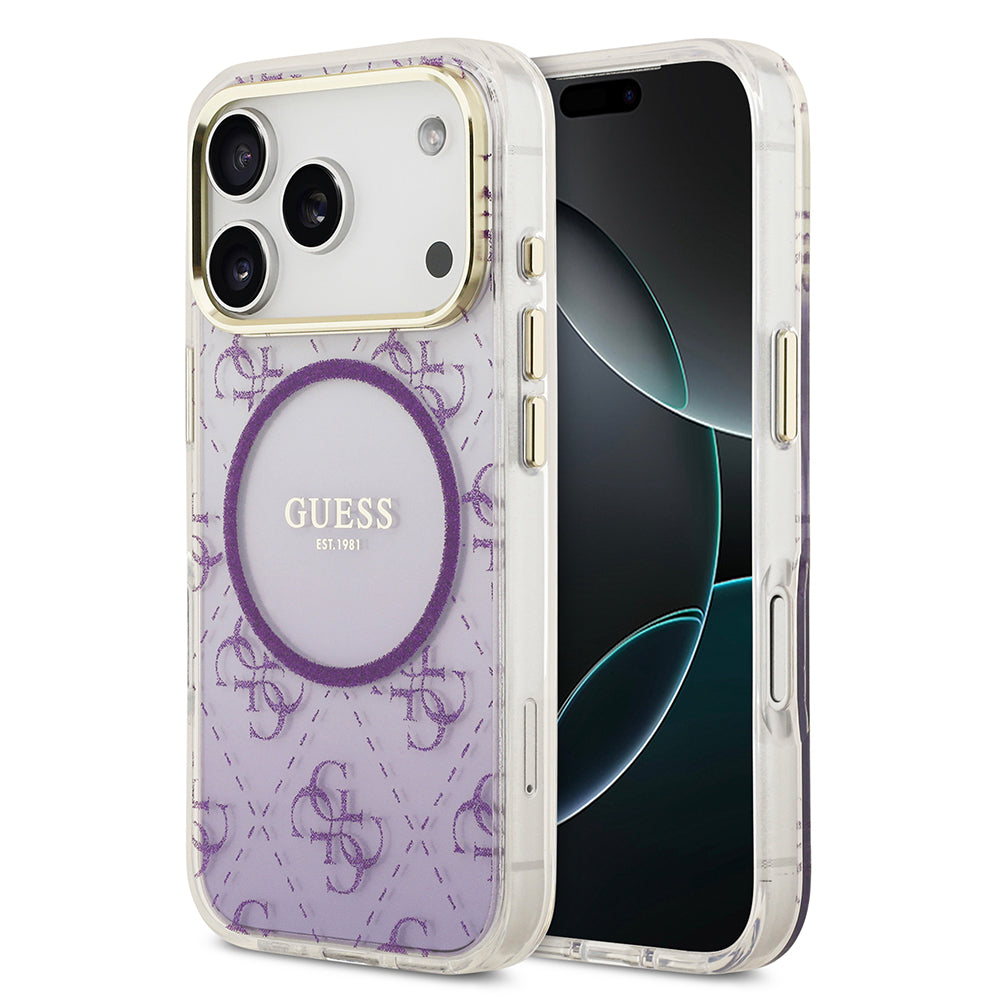 Apple iPhone 17 Pro Kılıf Guess M-safe Şarj Özellikli 4G Desenli Simli Transparan Kapak Mor