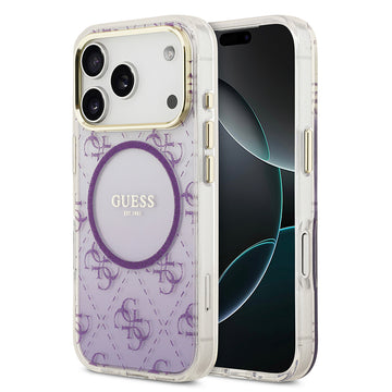 Apple iPhone 17 Pro Kılıf Guess M-safe Şarj Özellikli 4G Desenli Simli Transparan Kapak Mor