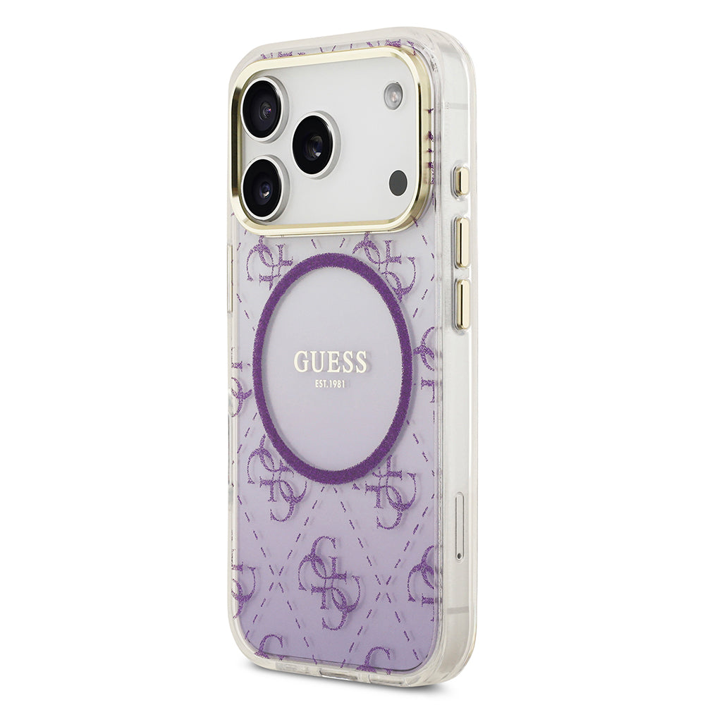 Apple iPhone 17 Pro Kılıf Guess M-safe Şarj Özellikli 4G Desenli Simli Transparan Kapak Mor