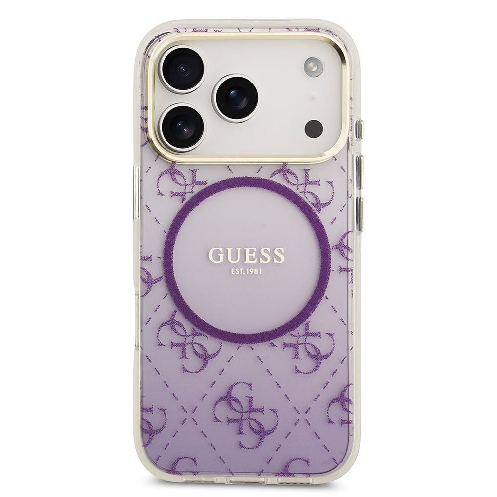 Apple iPhone 17 Pro Kılıf Guess M-safe Şarj Özellikli 4G Desenli Simli Transparan Kapak Mor