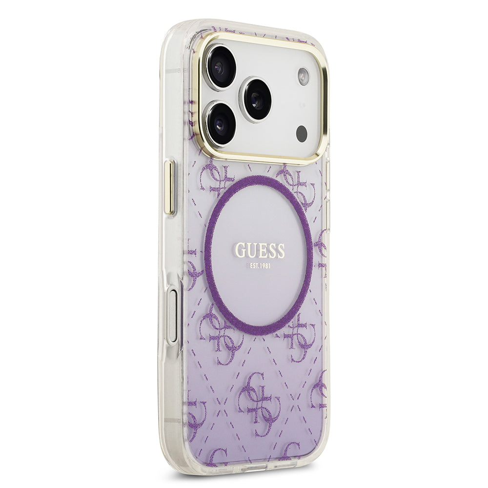 Apple iPhone 17 Pro Kılıf Guess M-safe Şarj Özellikli 4G Desenli Simli Transparan Kapak Mor