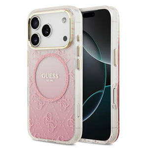 Apple iPhone 17 Pro Kılıf Guess M-safe Şarj Özellikli 4G Desenli Simli Transparan Kapak Pembe