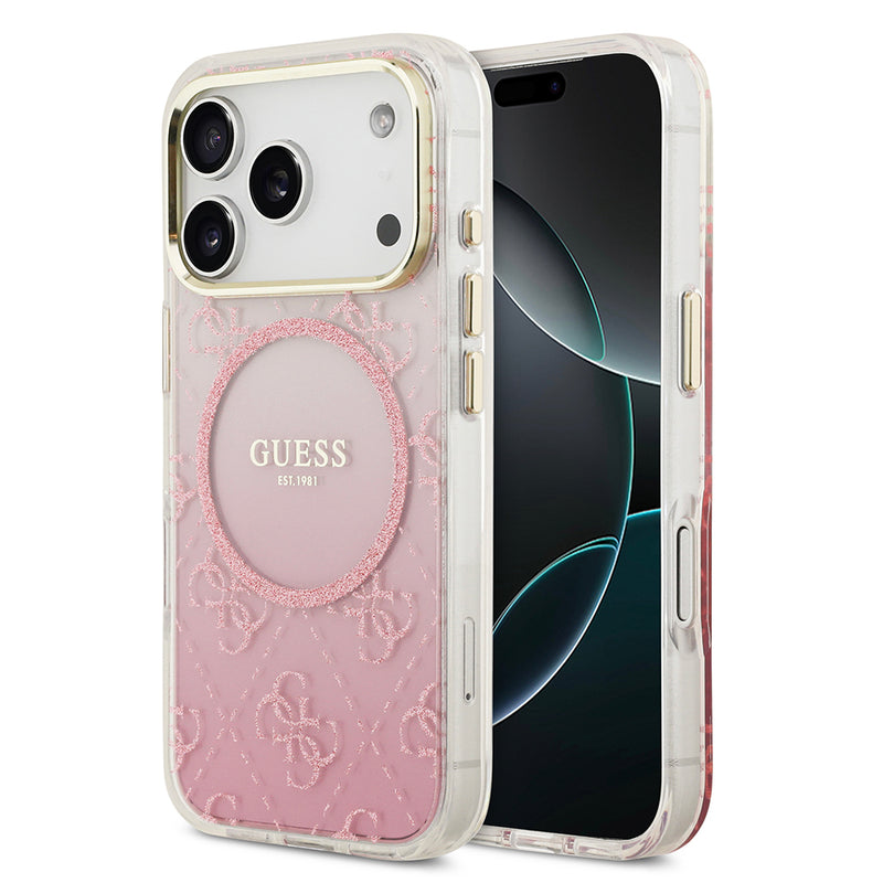 Apple iPhone 17 Pro Kılıf Guess M-safe Şarj Özellikli 4G Desenli Simli Transparan Kapak Pembe