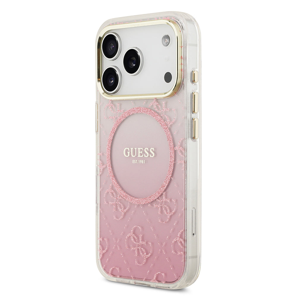 Apple iPhone 17 Pro Kılıf Guess M-safe Şarj Özellikli 4G Desenli Simli Transparan Kapak Pembe