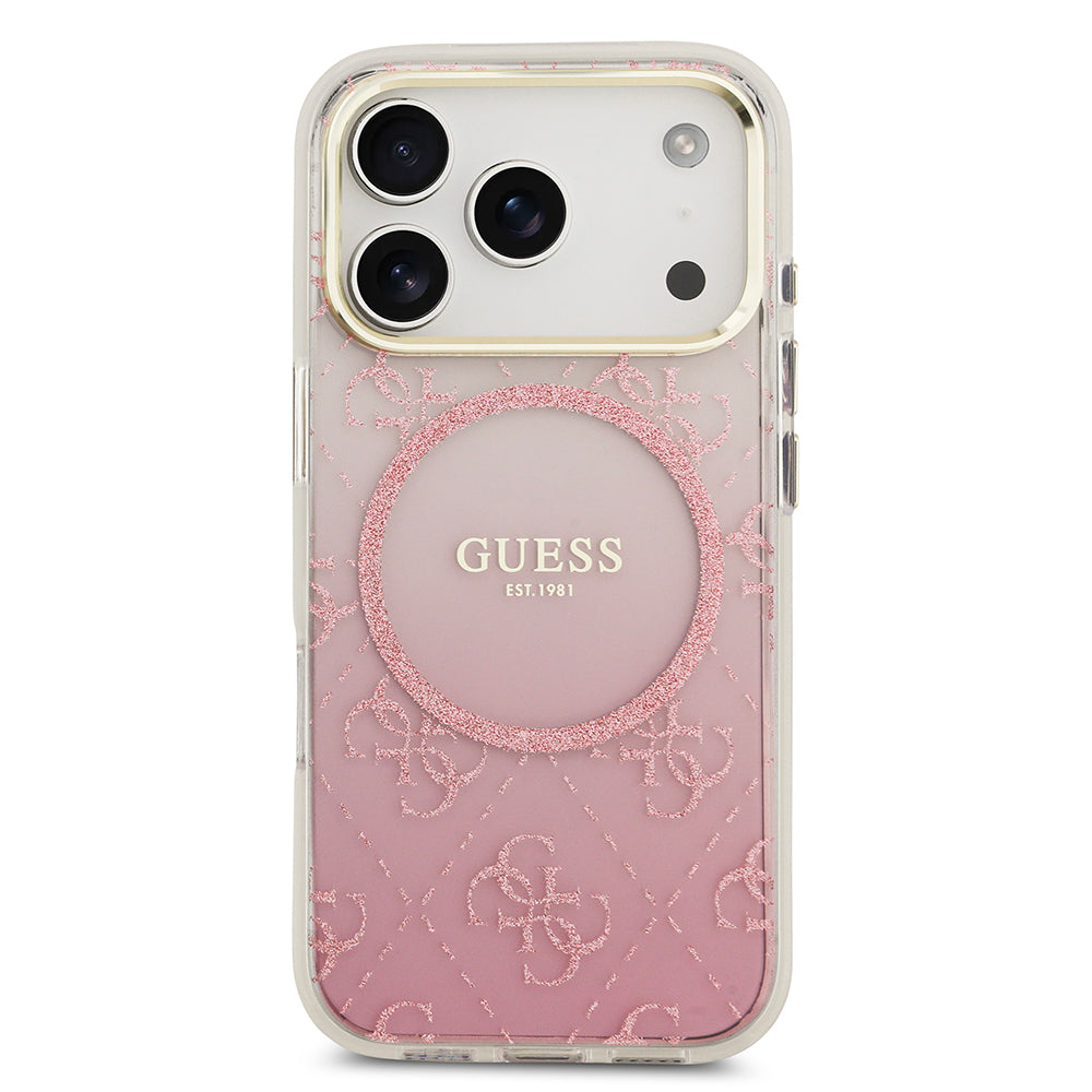 Apple iPhone 17 Pro Kılıf Guess M-safe Şarj Özellikli 4G Desenli Simli Transparan Kapak Pembe