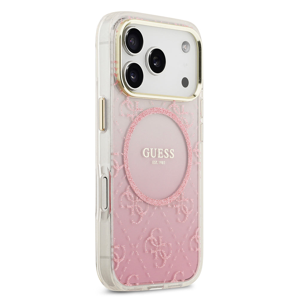 Apple iPhone 17 Pro Kılıf Guess M-safe Şarj Özellikli 4G Desenli Simli Transparan Kapak Pembe