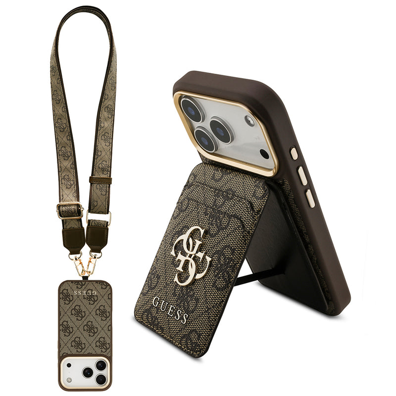 Apple iPhone 17 Pro Kılıf Guess M-safe Şarj Özellikli Askılı ve Kartlıklı 4G Logo Kapak Kahverengi