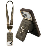 Apple iPhone 17 Pro Kılıf Guess M-safe Şarj Özellikli Askılı ve Kartlıklı 4G Logo Kapak Kahverengi