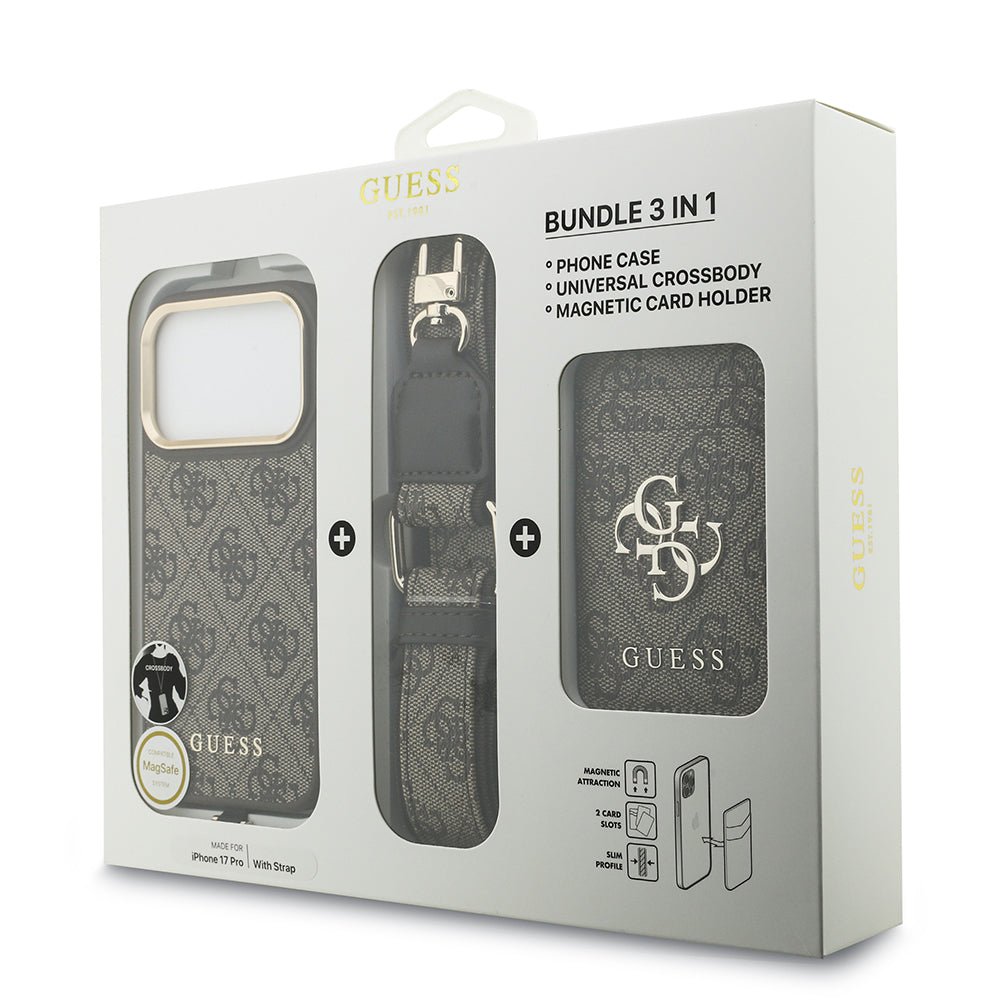 Apple iPhone 17 Pro Kılıf Guess M-safe Şarj Özellikli Askılı ve Kartlıklı 4G Logo Kapak Kahverengi